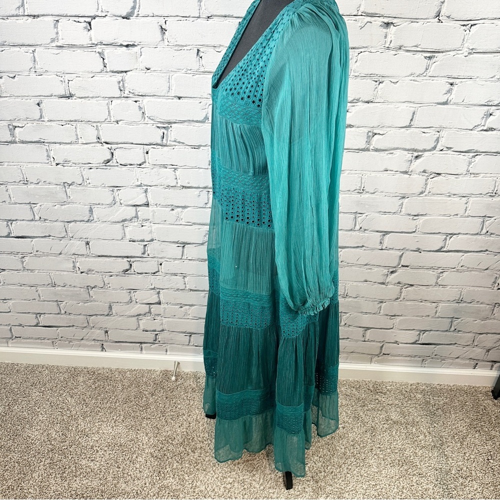 Sundance Adore Moi Long Sleeve Midi Dress Medium Pacific Teal Tiered Sheer Boho - Picture 3 of 12